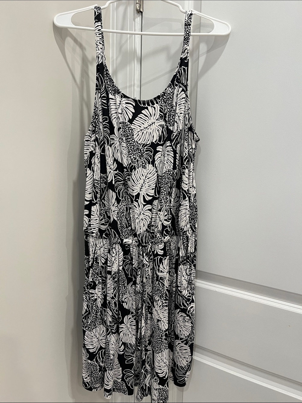 torrid Black & White Tropical Print Sleeveless romper with drawstring waist